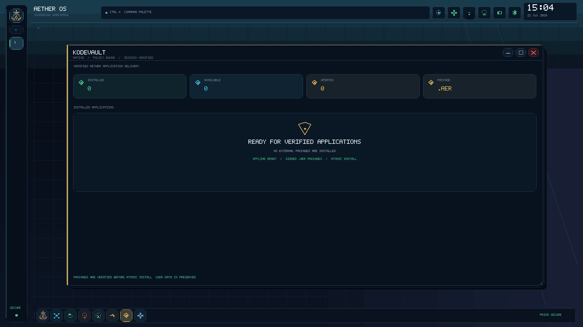 Native Aeonward KodeVault application showing verified package and installed application status