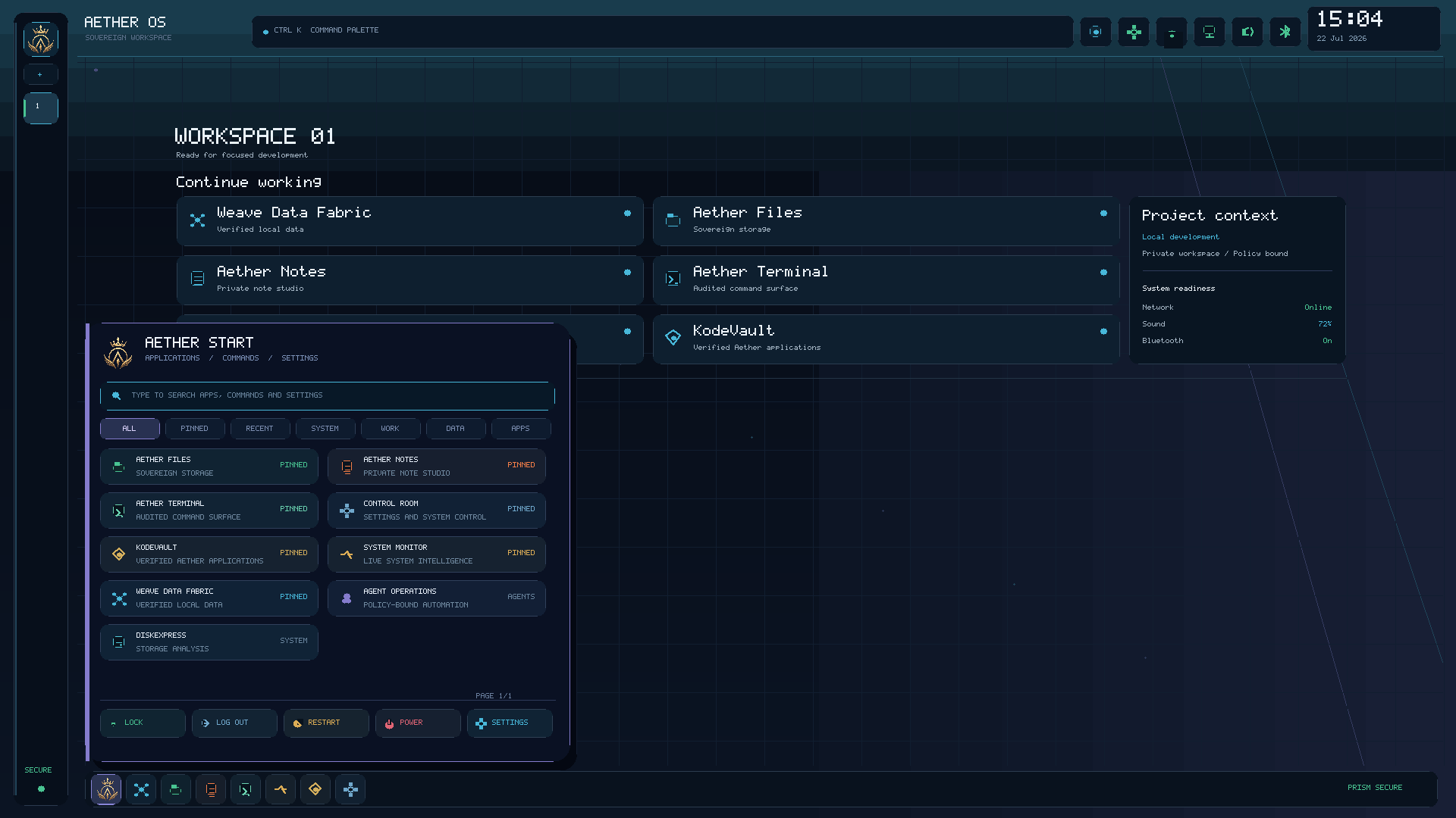 Native Aeonward Aurora desktop with the compact bottom-left Aeonward launcher, application registry, square icon dock, system bar, and workspace controls