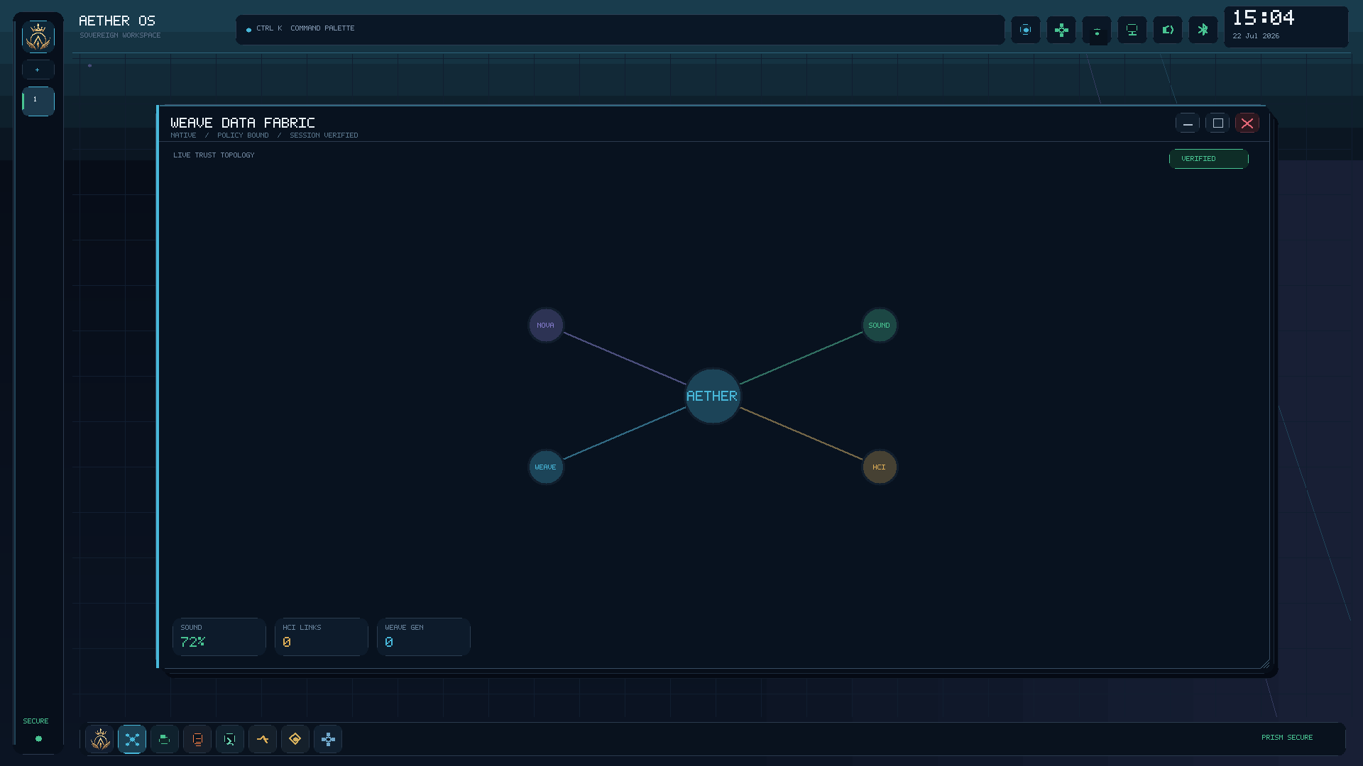Live native Aeonward renderer showing the Weave data-fabric graph, workspace rail, system status controls, and square icon navigation dock